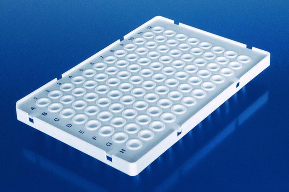 BRAND PCR Plates 96-Well Half Frame, Low Profile, Raised Frame, White, Blue Coding, Pack of 50