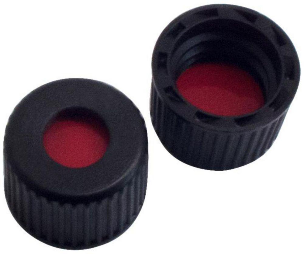 LLG Screw Caps N 8, Black PP, Center Hole, PTFE Red/Silicone White/PTFE Red, Hardness: 40° Shore A, Thickness: 1.0 mm, Pack of 100