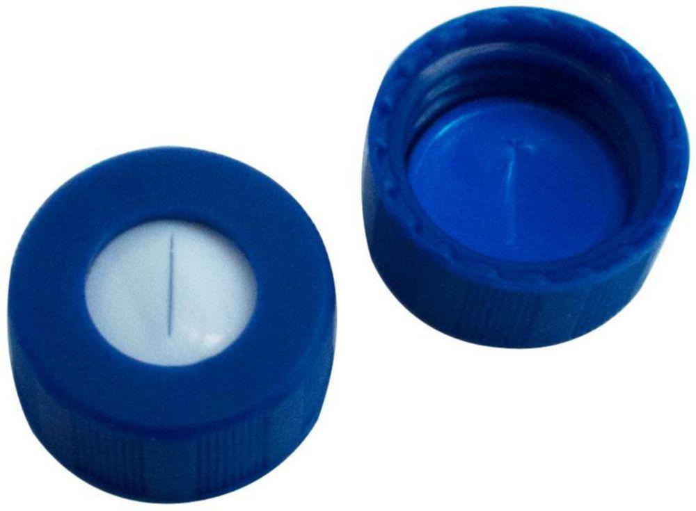 LLG Labware Screw Caps N 9, Blue PP, Centre Hole, Silicone White/PTFE Blue, 55° Shore A, 1.0 mm Thickness, Slit, Pack of 100
