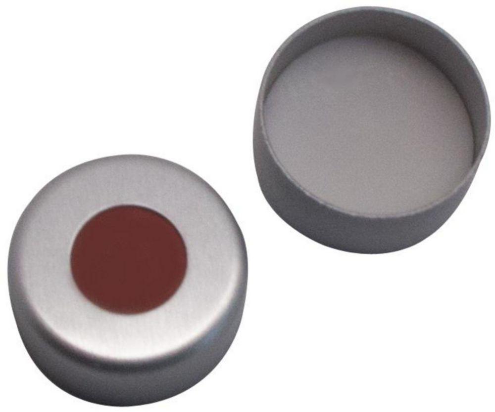 LLG Aluminium Crimp Caps N 8, Silver, Center Hole, Red Rubber/FEP, Colourless, 40° Shore A Hardness, 10 mm Thickness, Pack of 100