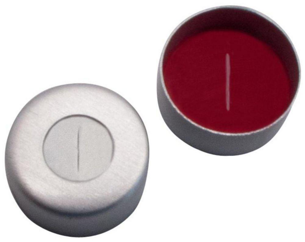 LLG Aluminium Vial Closure N 8, Silver, 1.3 mm Thickness, with Hole, Silicone White/PTFE Red Slotted Septum, 45° Shore A Hardness, Pack of 100
