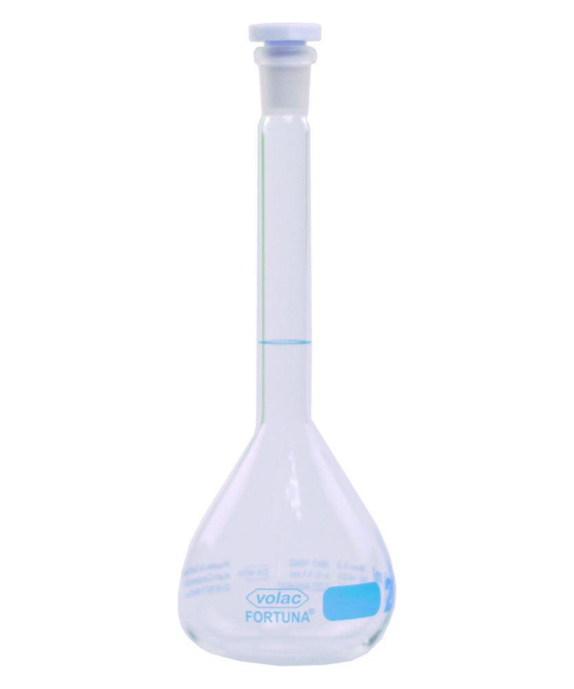 Poulten & Graf Measuring Flask 200 mL NS 14.5 Boroglass Cl A CC with PP Stopper Blue Graduated