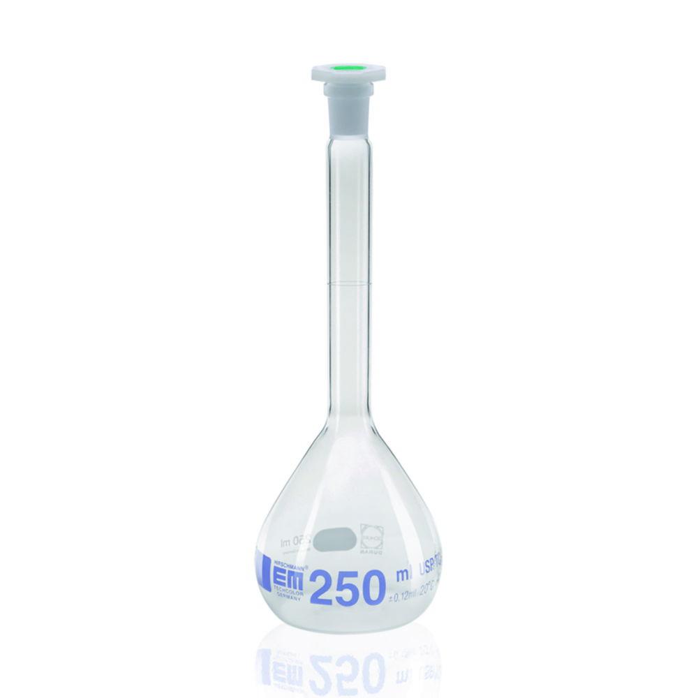Hirschmann Measuring Flask 500 ml, DURAN, cl.A NS 19/26, with Poly-Stopper, Blue Graduated, USP