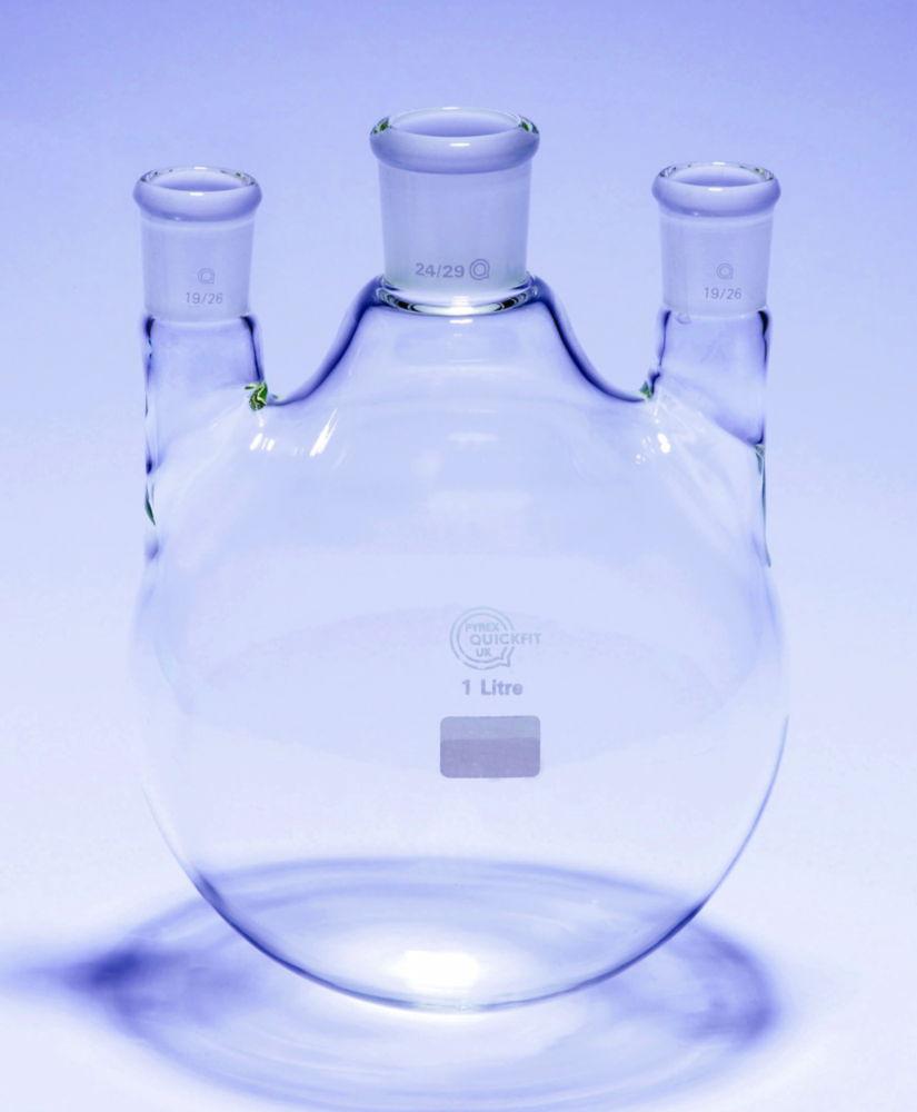 DWK Three-Neck Round Bottom Flask, 500 mL, Center Neck NS 24/29, Side Necks NS 19/26 Straight