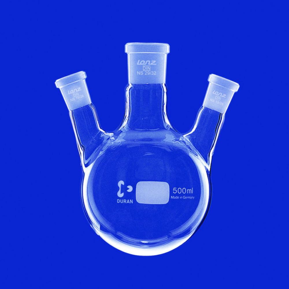 Lenz-Laborglas Round-Bottom Flasks, Three-neck, Side Necks Angled, C. Neck NS 45/40 Side Neck NS 29/32

