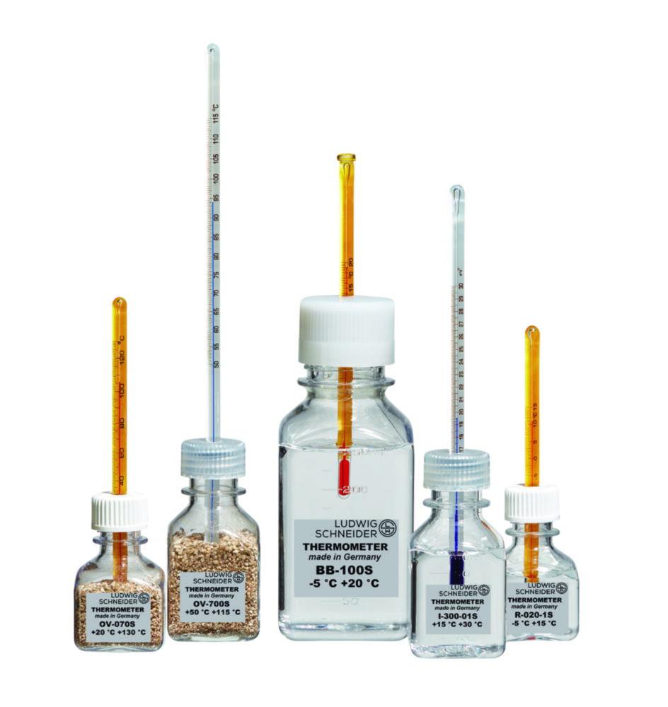 Ludwig Schneider Bottle Thermo Scientificmeter R-200-01S, -2...+10:0.1°C with Blue Filling, Length 230mm, for Freezers, including DAkkS Calibration with 3 Test Points