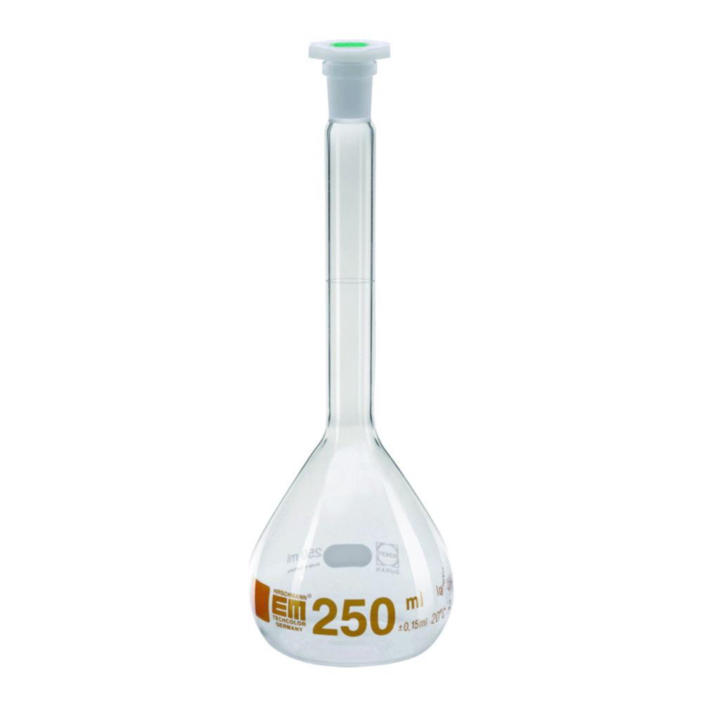 Hirschmann Laborgeräte Volumetric Flask 250ml Class A Brown Graduated, NS 14/23, with Poly Stopper, DURAN, Conformity Certified