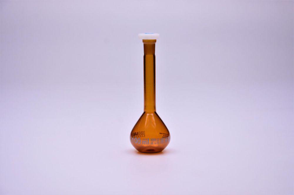 Volumetric flask 100 ml, NS 14/23 coated, amber, class A, blue scale conformity batch certified, pack of 2