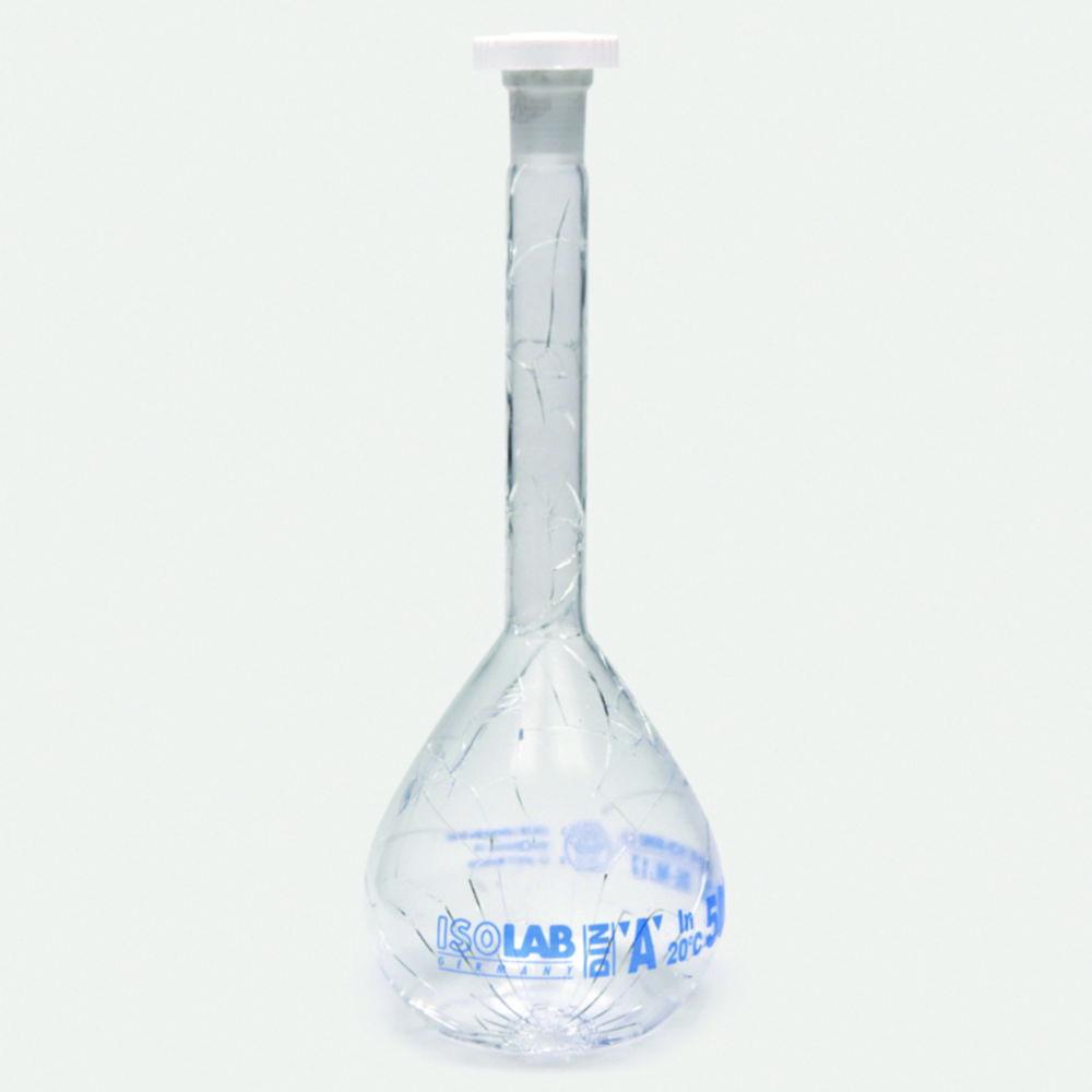 ISOLAB Volumetric Flask 150 ml, Clear, Coated Glass, Class A, NS 14/23, PE Stopper, Pack of 2, Blue Scale, Batch Certified