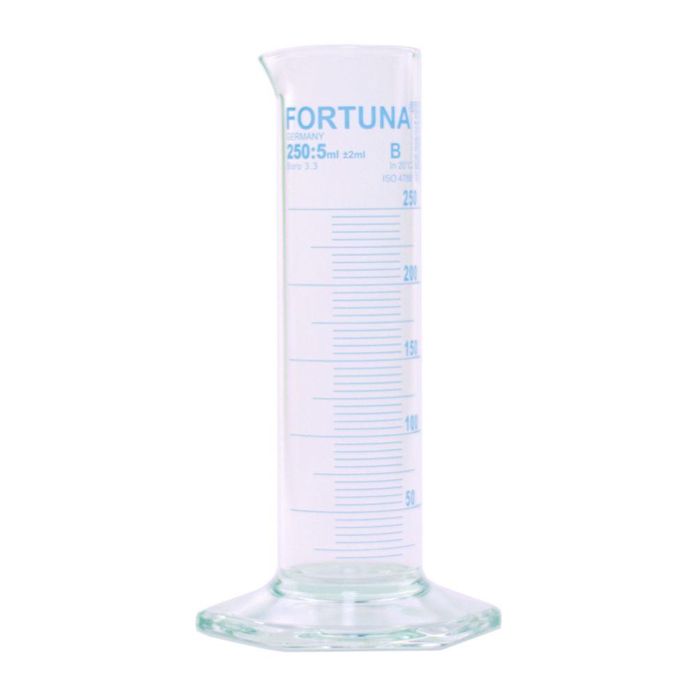 Poulten & Graf Measuring Cylinder 50:2 mL Small Form Class B Borosilicate Glass Hexagonal Base with Blue Graduation