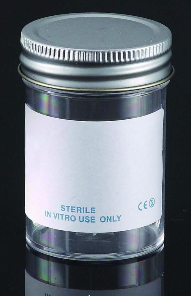 LLG Sample Container 60 mL, PS with Metal Flowed Seal, Inert Liner Cap, Sterile, Pack of 300