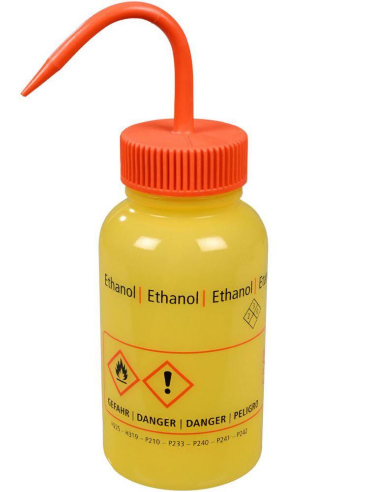 Bürkle Wide-Neck Wash Bottle 500 ml, LDPE, "ethanol", Orange Closure, LaboPlast