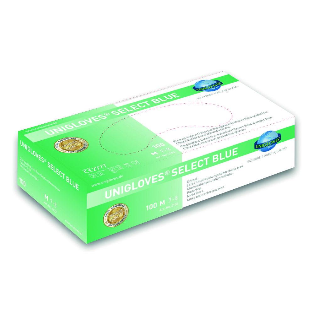 Unigloves Examining Gloves Size XL 9-10 "SELECT BLUE", Latex Non-Sterile, Powder-Free, Pack of 100

