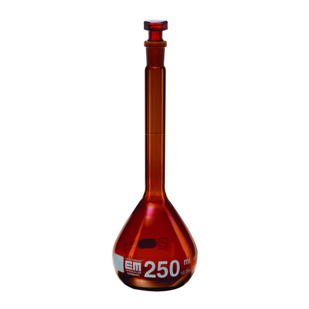 Hirschmann Volumetric Flask 250 ml, DURAN, cl. A NS 14/23, Amber with Glass Stopper