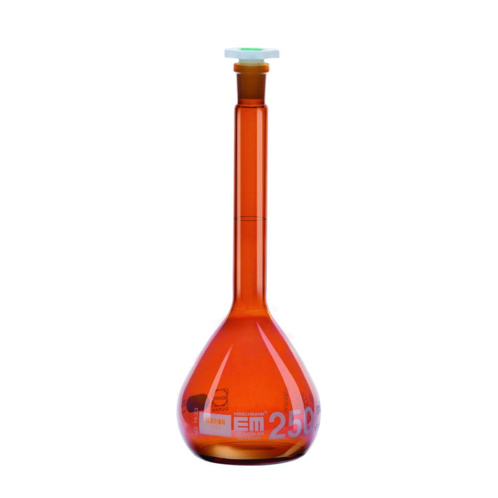 Hirschmann Laborgeräte Volumetric Flask 50mL CLA Amber Duran NS 14/23 PE Stopper with White Graduation