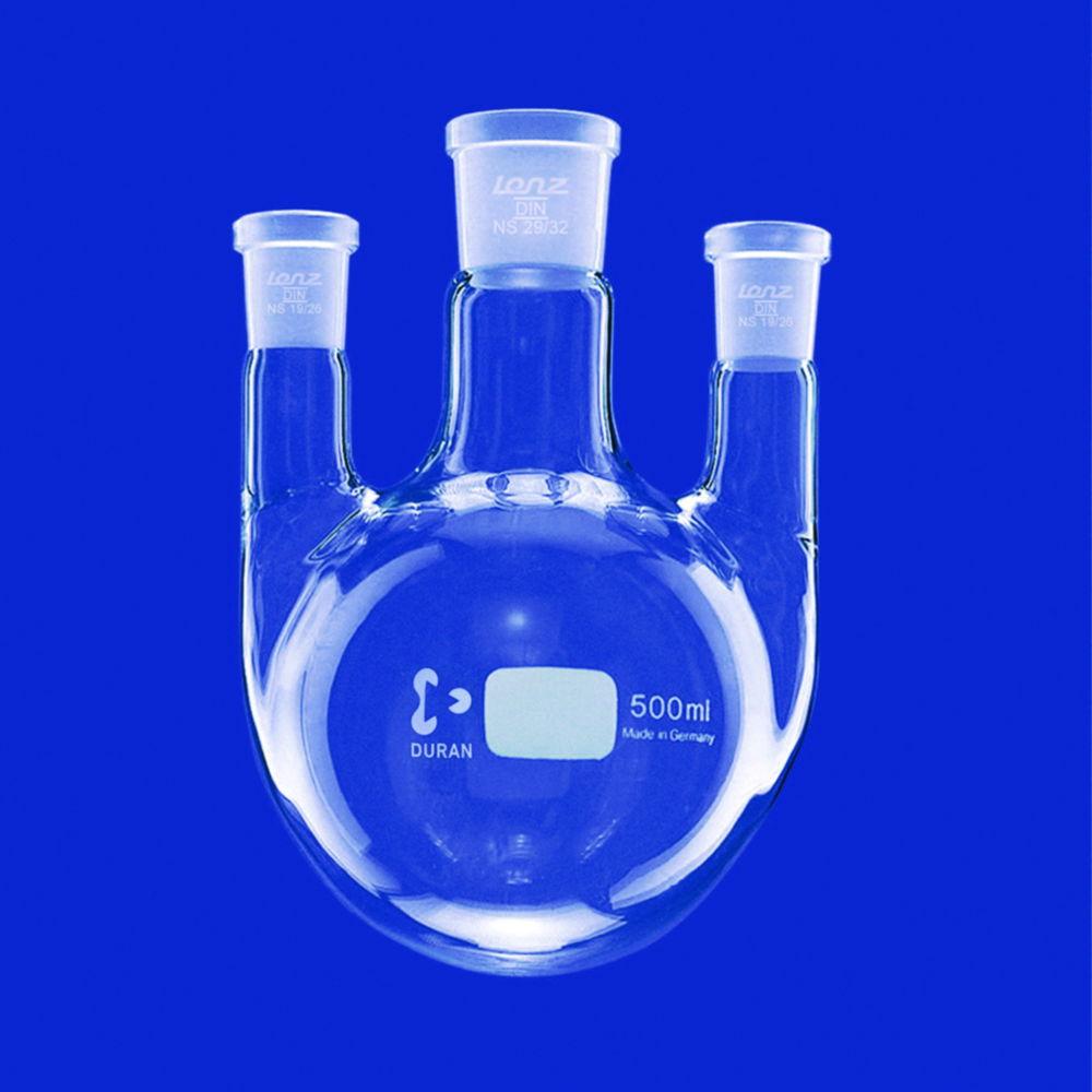 Lenz-Laborglas Round-bottom Flasks, Three-neck, Side Necks Parallel, C. Neck NS 45/40, Side Neck NS 29/32, Cap. ml 250


