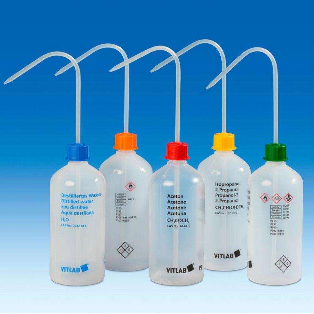 VITLAB Safety Washing Bottle 500 ml, Narrow Neck, PE-LD, GL 25, Acetone Nitrile with VENT CAP Screw Connection