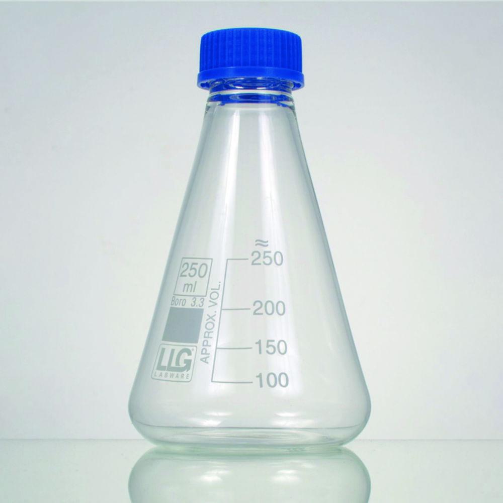 LLG Erlenmeyer Flask, 250 mL, Boro 3.3, Weiss Graduated, with Screw Cap GL32, Pack of 2