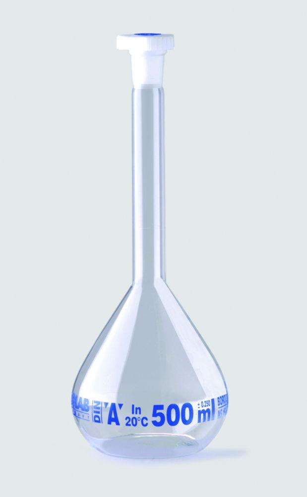 ISOLAB Volumetric Flask 100 mL, Clear Glass, CL A, NS 12/21, PE Stopper, Blue Scale, Batch Certified
