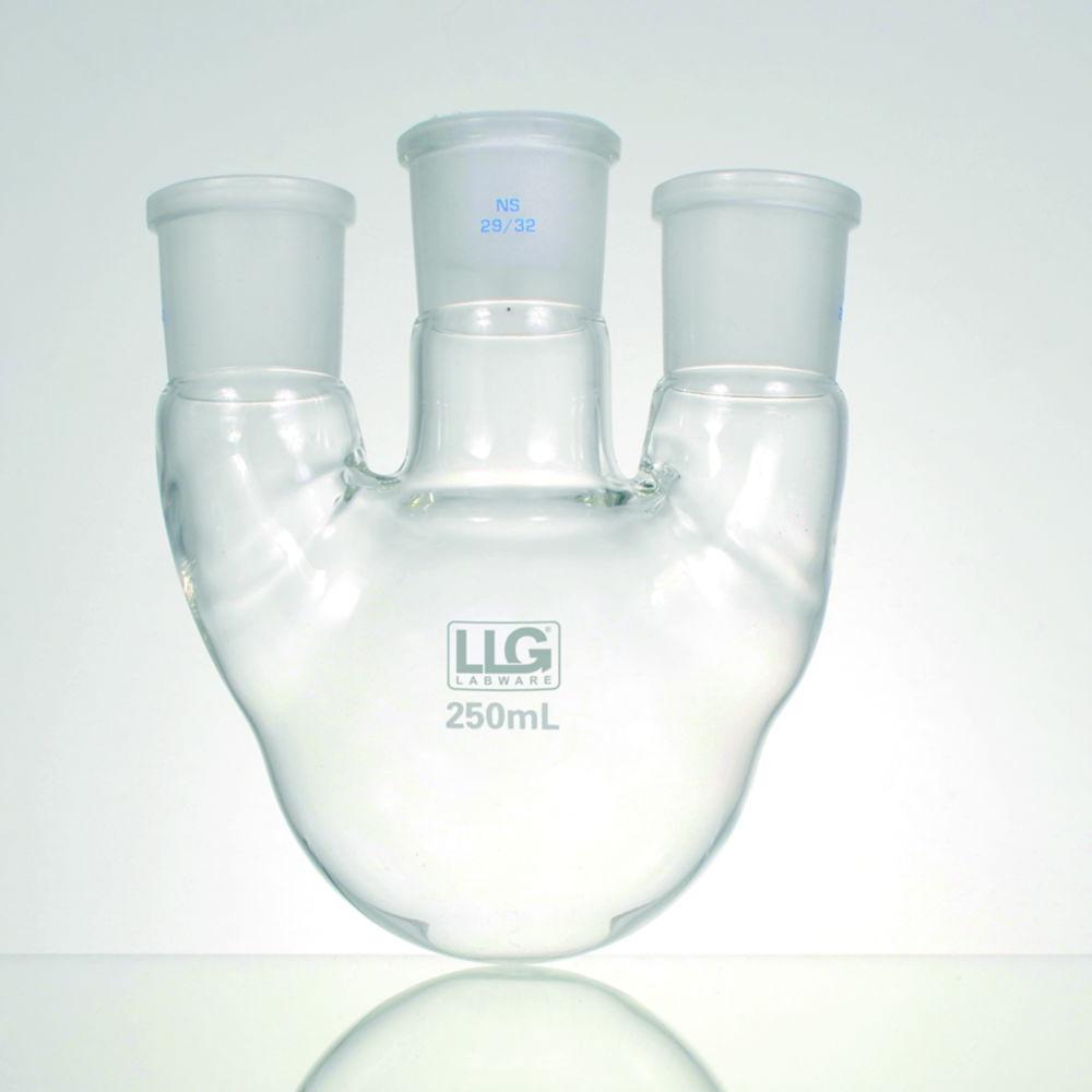 LLG Three Neck Round Bottom Flask, 2000 mL, Parallel Side Necks, CN NS 29/32, SN 2x NS 29/32, Parallel, Boro 3.3