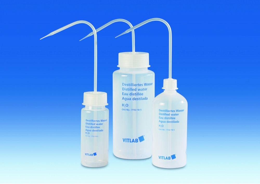 VITLAB Wash-bottle 250 ml, with print PE-LD, GL 45, Dest. water with wash-bottle attachment, PP

