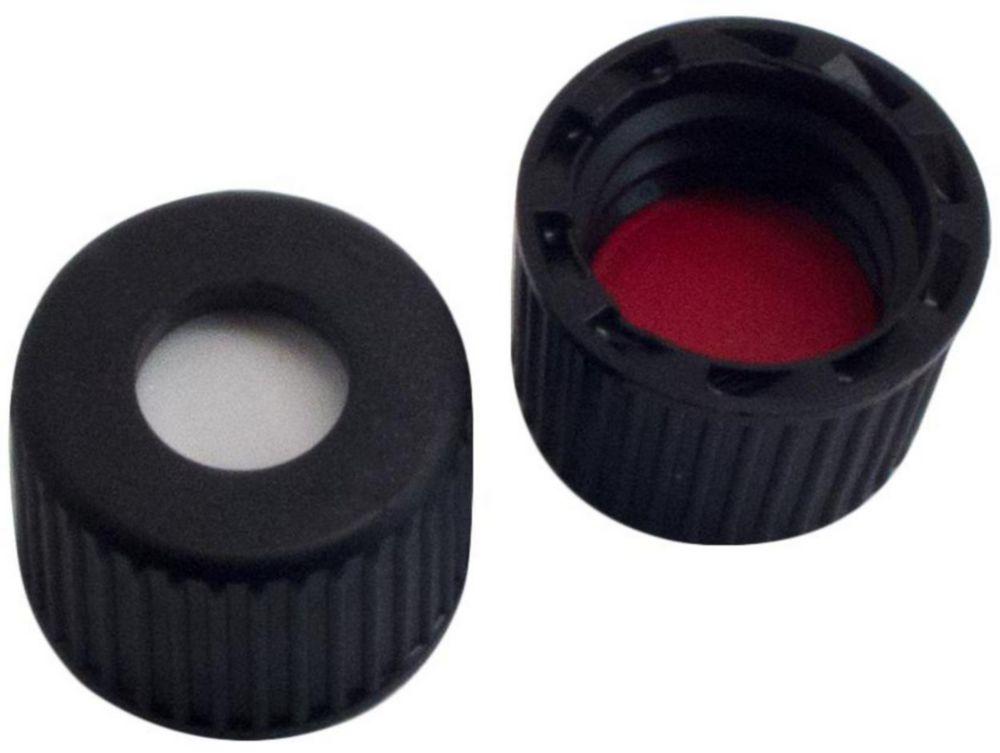 LLG Labware Screw Cap N 8 Black Polypropylene Center Hole Silicone White/PTFE Red Hardness 40° Shore A Thickness 1.3 mm Pack of 100