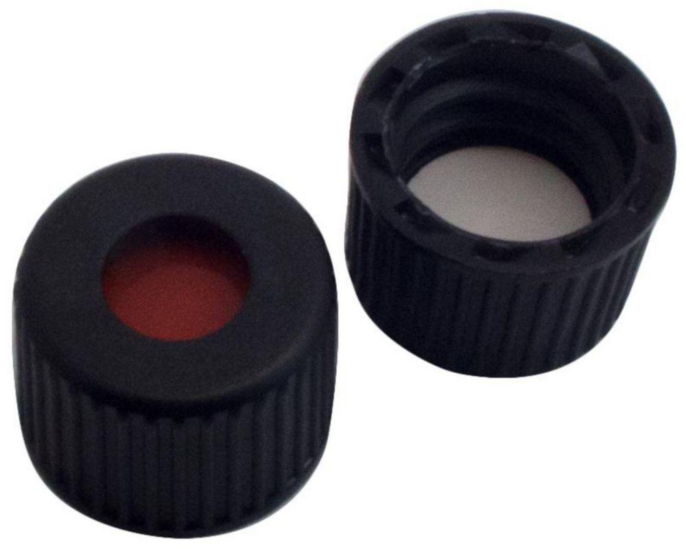 LLG Labware Screw Caps N 8, Black PP, Center Hole, Red Rubber/PTFE Beige, Hardness 45° Shore A, Thickness 1.3 mm, Pack of 100