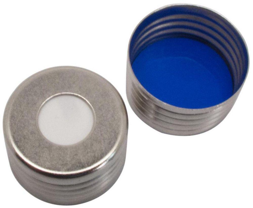 LLG Magnetic Screw Caps ND 18, Silver, Center Hole, Silicone White/PTFE Blue Septa, Hardness 55° Shore A, Thickness 1.5 mm, Pack of 100