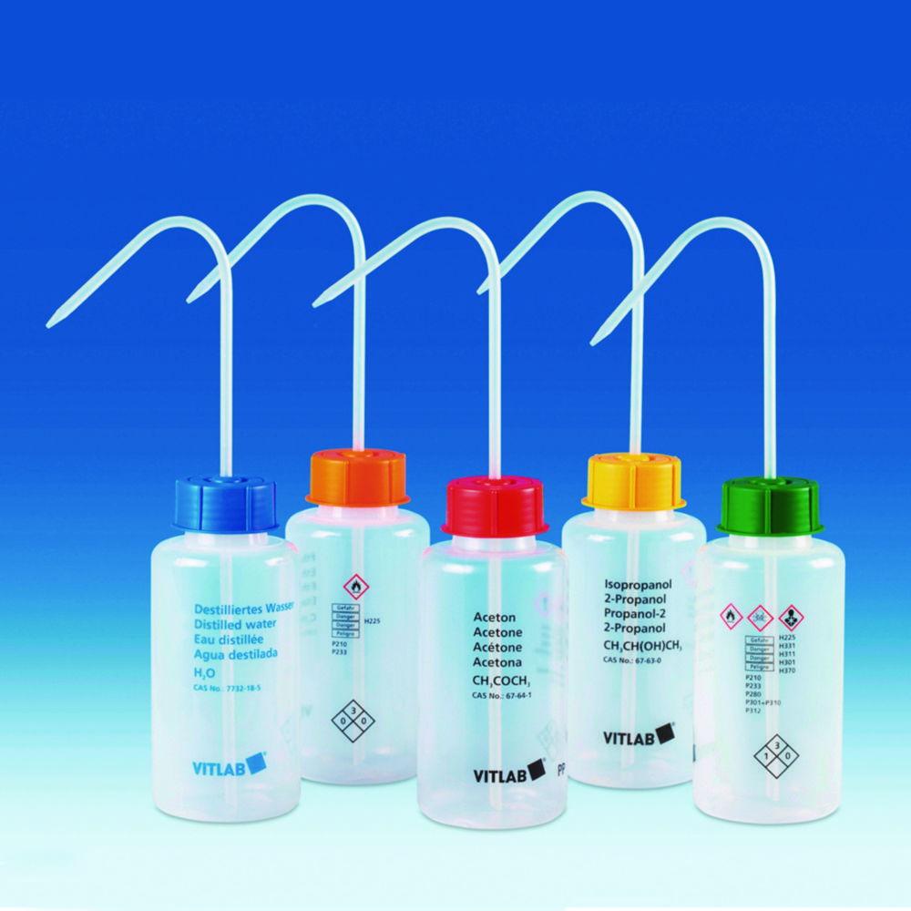 VITLAB Safety Washing Bottle 500 ml, PE-LD, GL 45, Tuluol, with VENT CAP screw connection

