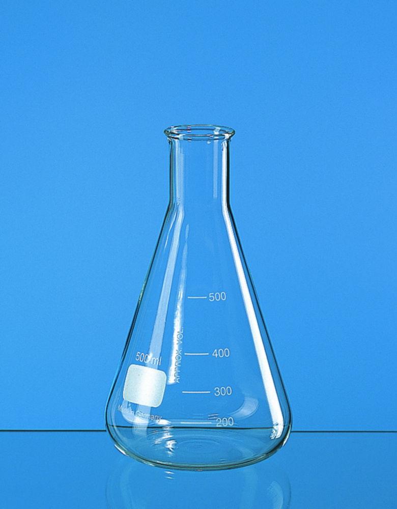 Erlenmeyer flask 500 ml Narrow neck, Boro 3.3, DIN 12380/ISO 1773 with beaded rim and graduation pack of 10