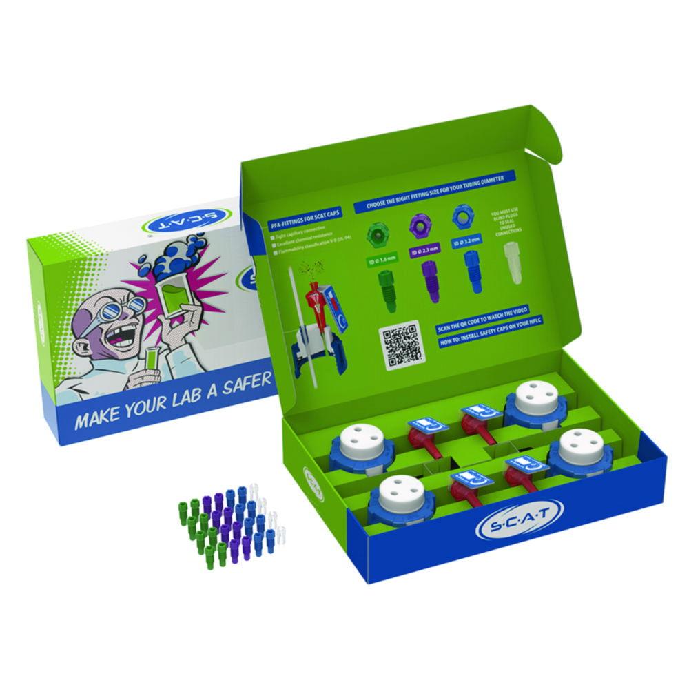 SCAT HPLC Starter Kit 2, V2.0: 4x SafetyCap II, 4x Blind Plug, 8x Fitting 3.2 mm OD, 4x Air Valve