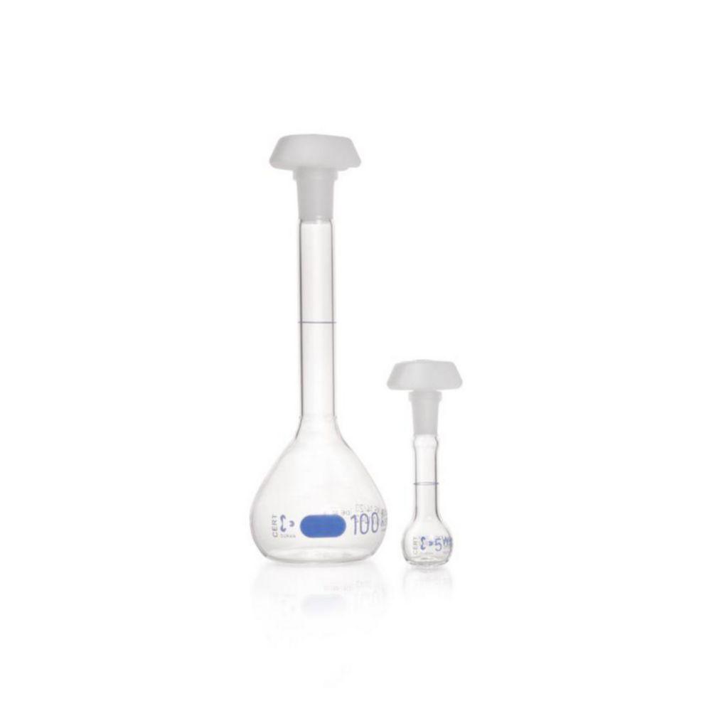 DWK Duran Volumetric Flask 1 ml, Class A, Blue Graduation, Individual Certificate, One Graduation Mark, Polyethylene Stopper, NS 7/16