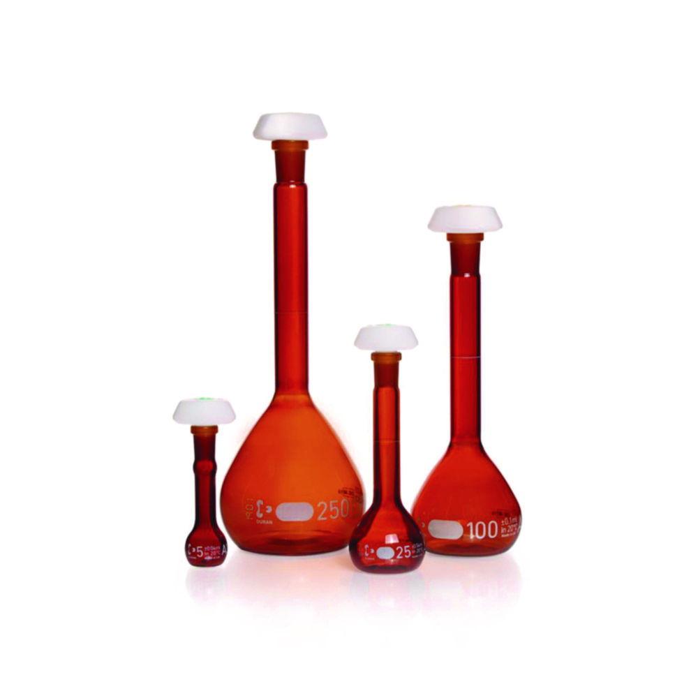 DWK Duran 200 mL Amber Volumetric Flask, Class A, White Graduation, Batch Certificate, Polyethylene Stopper NS 14/23​