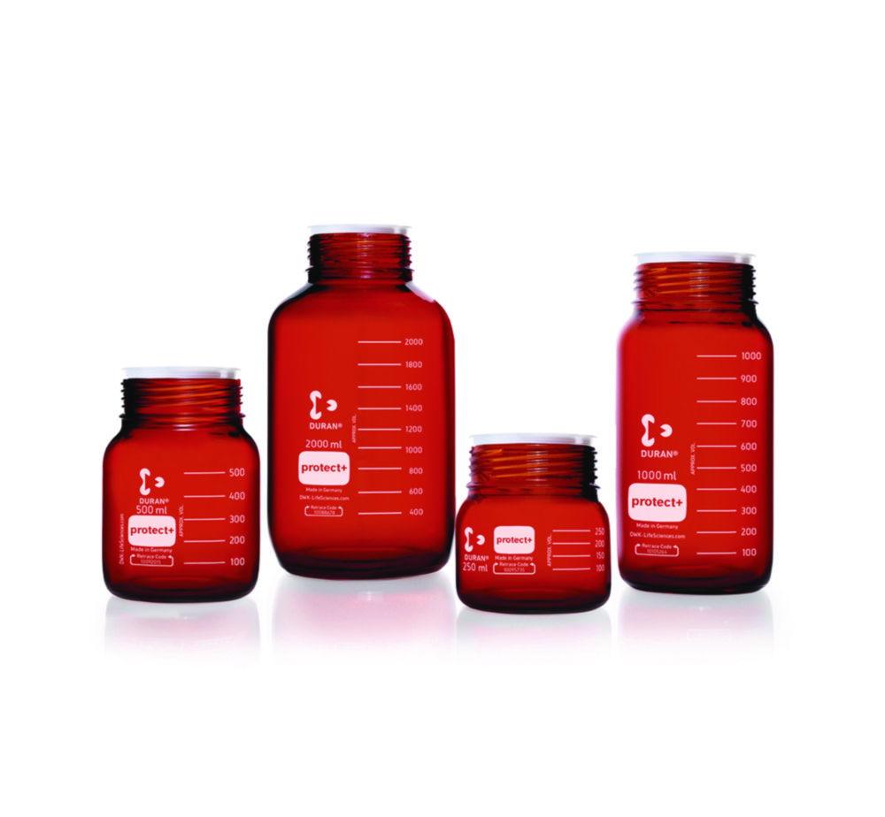 DWK Duran Laboratory Glass Bottle GLS 80, Amber, Protect+ Plastic-Coated (PA12), with Dust Cap, 250 mL

